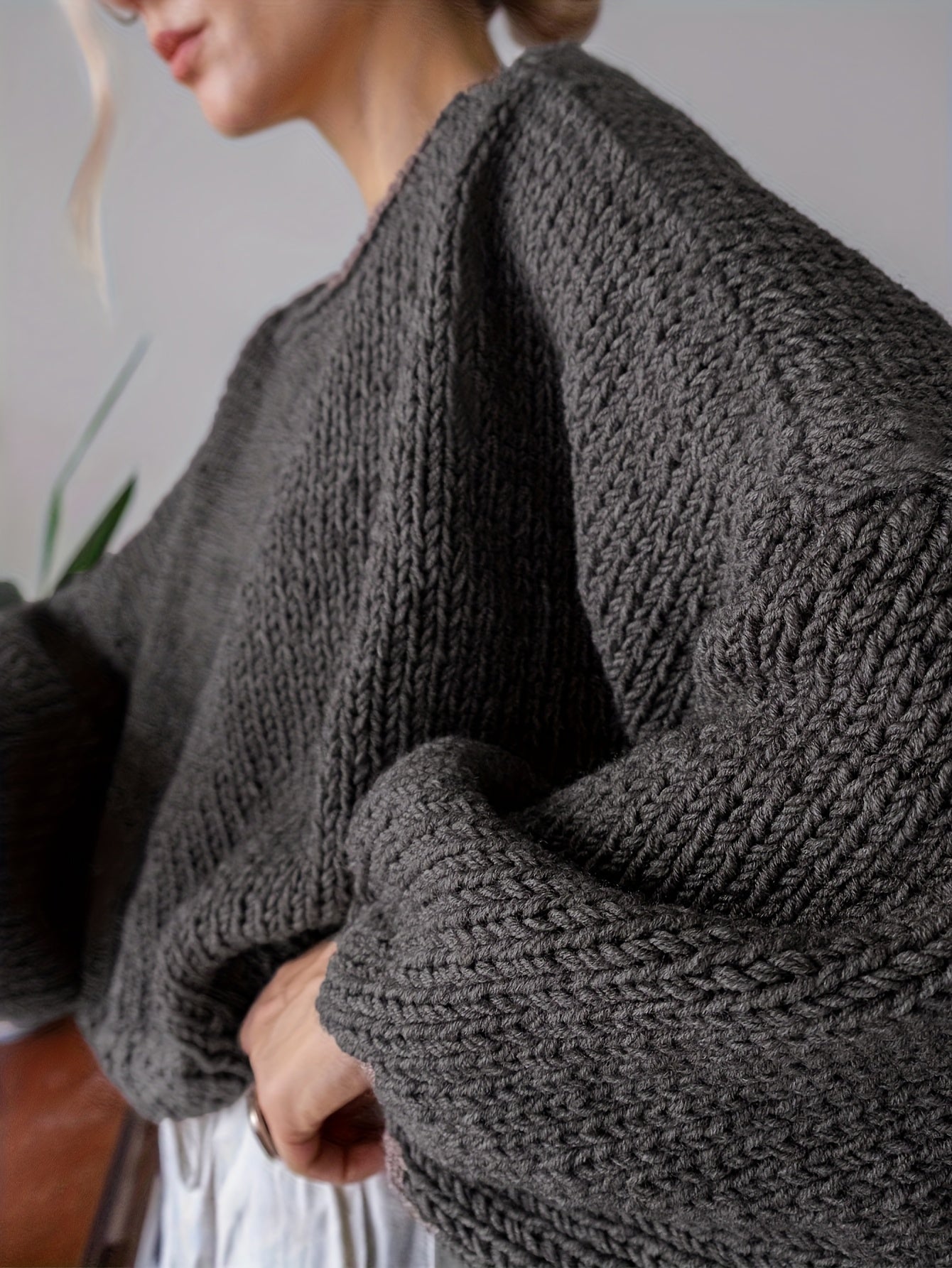 Elegant Gray Sweater with Puff Sleeves