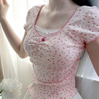 Lace Stitching Square Collar Pleated Bow Short Sleeve T-shirt