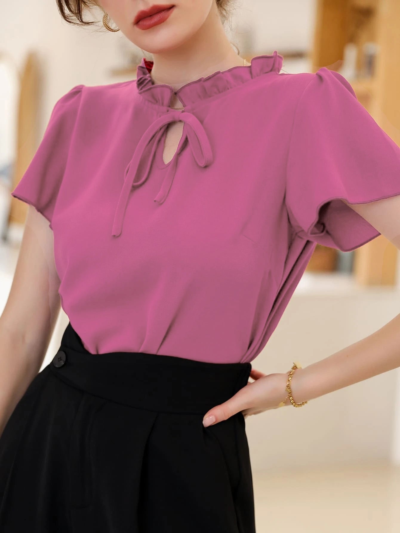 ModelyFrill Trim Tie Neck Blouse