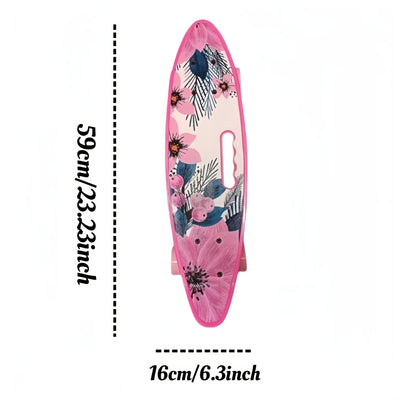 Pink Floral Mini Cruiser Skateboard - 23.6" Single Handle, Beginner-Friendly, Portable Fish Board Design with Vibrant Flower Pattern, Ideal Holiday Gift for All Skill Levels, Gift Skateboard|Floral Skateboard|Polypropylene De