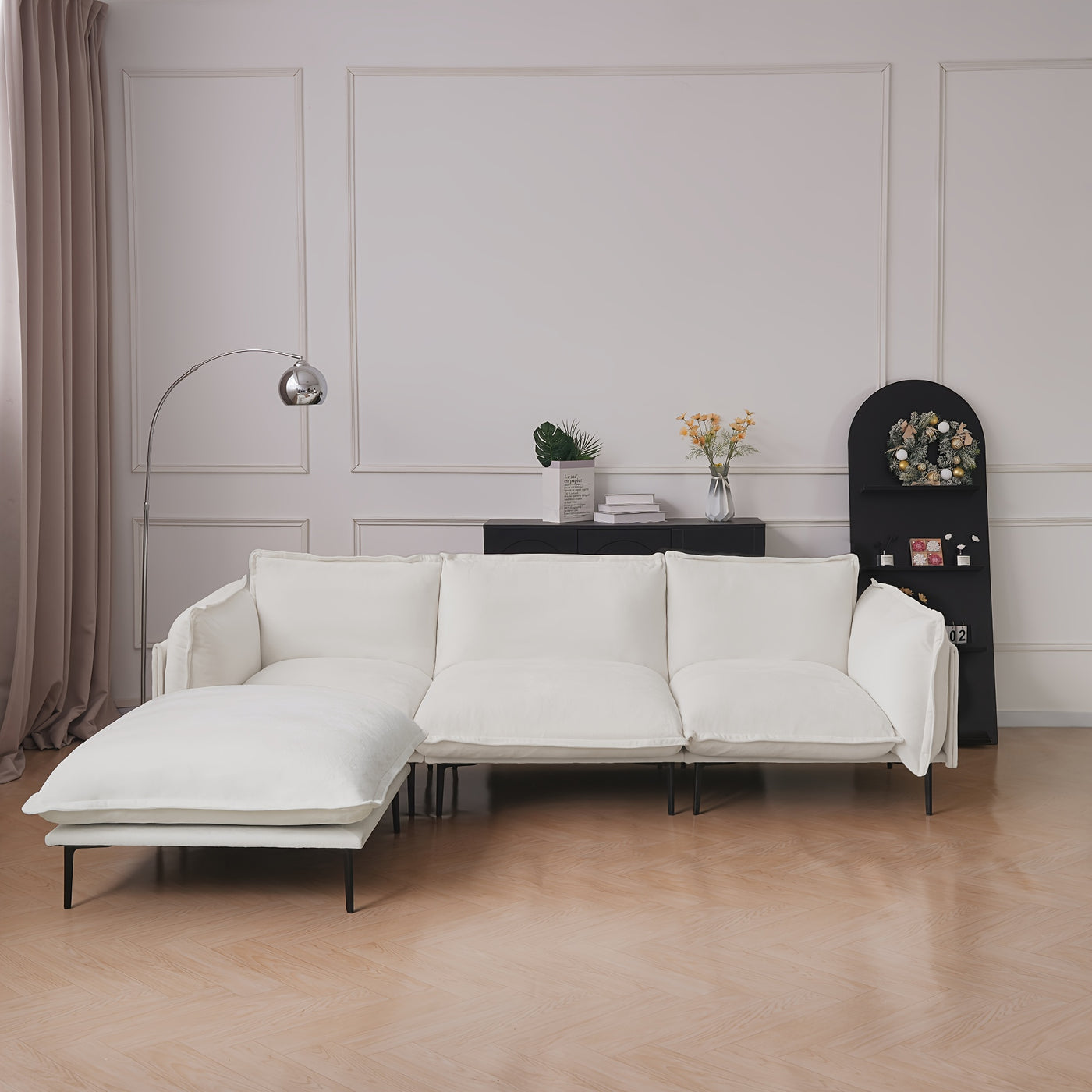 111" L-Shaped Modular Sectional Sofa - 3-Seater Cloud Couch with Movable Ottoman, Deep Seat Low Plush White Modern Sofa for Living Room, Metal Frame & Pillow Backrest, No Assembly Required, Sectional Sofa for Living Room, Ver