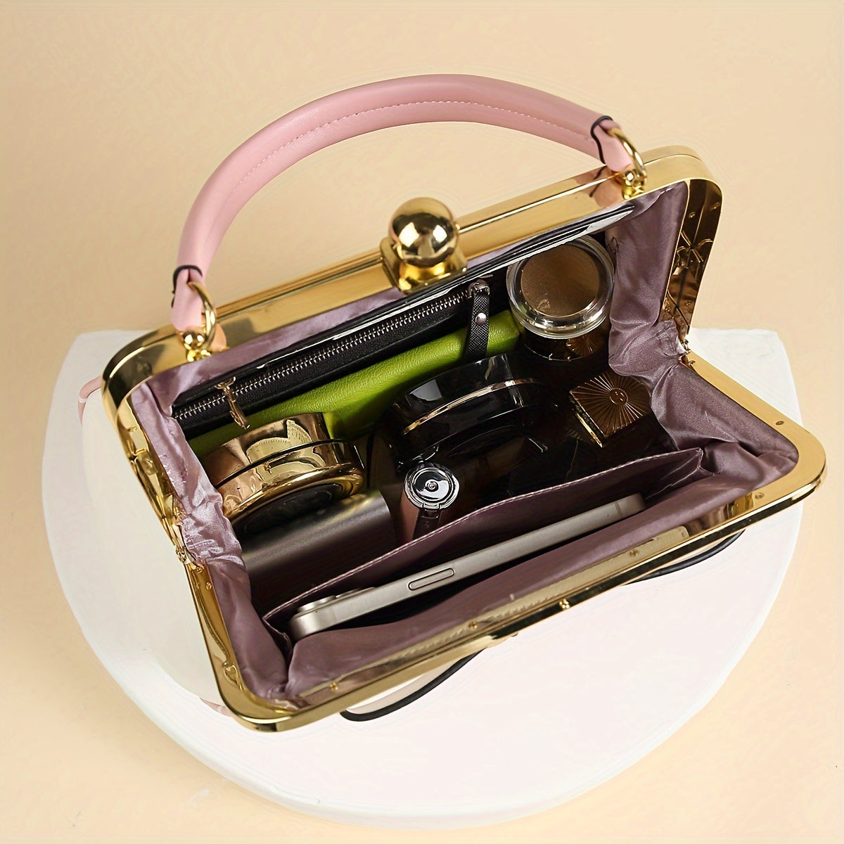 [Elegant Handbag] High Quality Lacquered Handbag | 2024 Autumn New Korean Polka Dot for Women - Kiss Lock Closure, Removable Shoulder Strap & Bow Detail, Glossy Patent Look (Black/White, Bronze, Pink & White) - Perfect for We