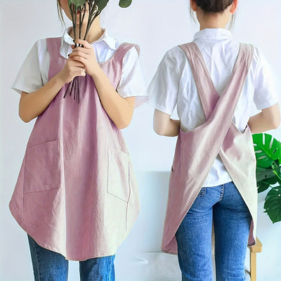 1pc Apron, Korean Retro Countryside Apron, Double Shoulder Strapless Women's Apron With Two Pockets, Great Unisex Apron For Work Clothes, For Comfortable Home Covering, Kitchen Supplies