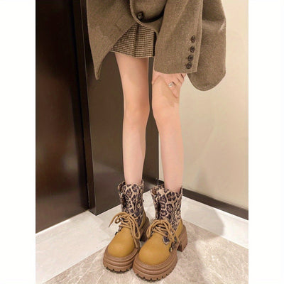 Women's Chunky Platform Lace-Up Boots - Non-Slip Rubber Sole, Round Toe Ankle Boots for Everyday & Formal Outfits - Brown & Black Leopard print boots (Faux Cover/Fabric Upper) - All-Season Casual Shoes, Stylish Footwear, Stur