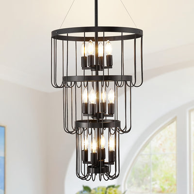 18 Inch Farmhouse Chandelier - 12-Light Adjustable Tiered Pendant Light Fixture, Black & Golden Modern Rust-Resistant Metal Lantern for Entryway, Staircase, Foyer, Dining Room - Semi-Flush Mount, E12 Bulb Compatible (Bulbs No