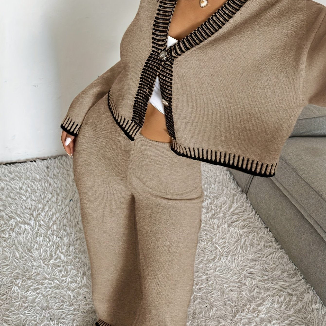 Set Long Sleeve Cardigan and Pants Button V-Neck Khaki Elegant Casual Sweater Outfit for Women Autumn Winter Fashion