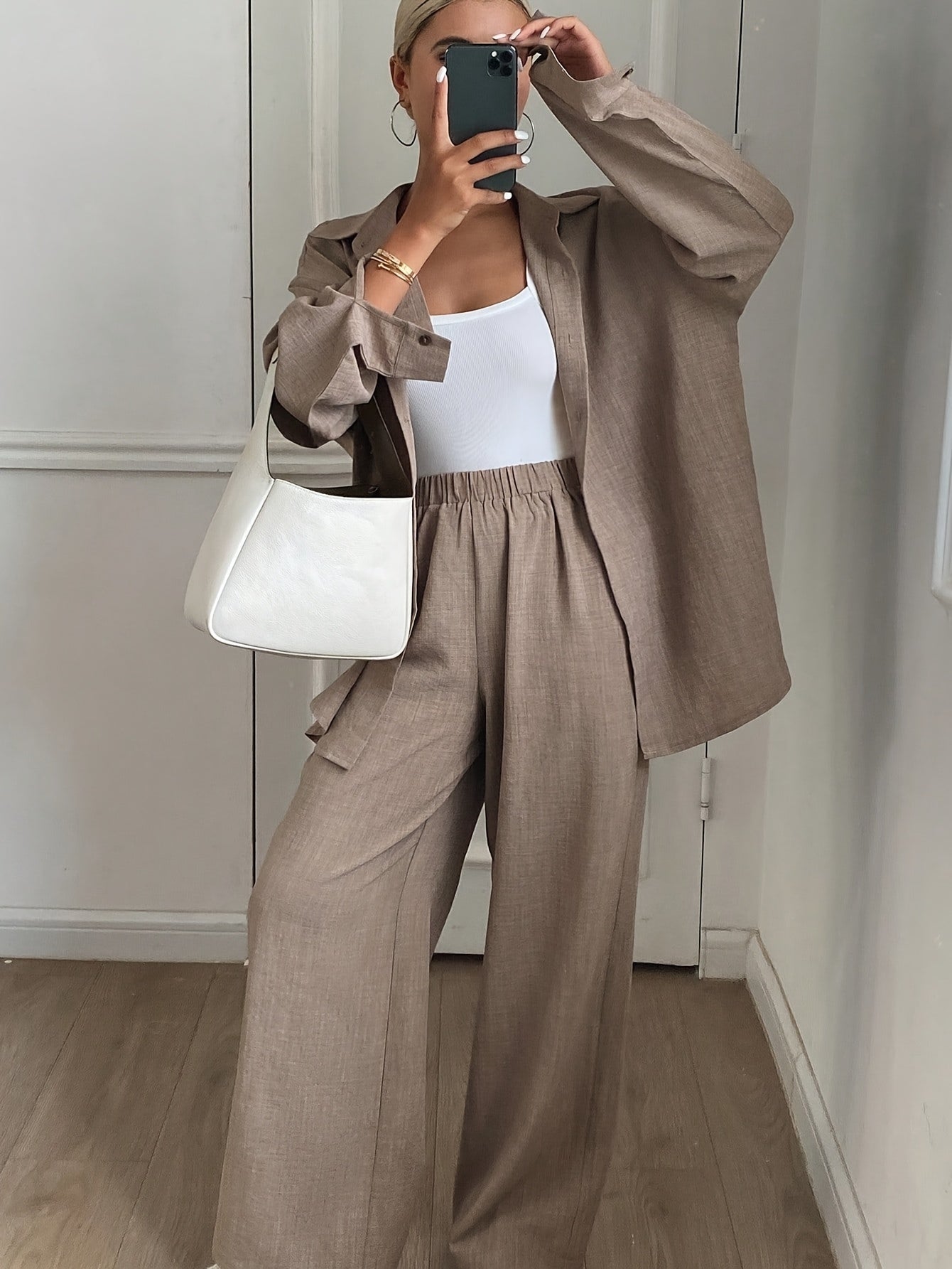 Women's Autumn/Winter Button- Solid Color Long Sleeve Shirt + Loose Fit Pants 2pcs Set