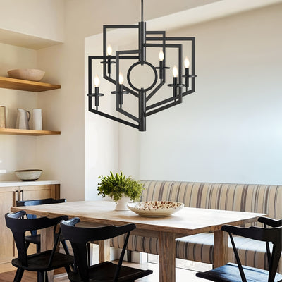 6-Light Black Chandelier for High Ceilings - Modern Adjustable Geometric Metal Fixture with Powder-Coated Finish, Semi-Flush Mount Entryway & Dining Room Lighting, E12 Bulb Compatible, No Assembly Required, Staircase Illumina