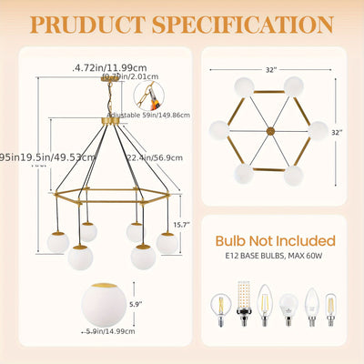 6-Light Modern Chandelier For Dining Room, Sputnik Ceiling Light Fixture With White Glass Globe Bubble, Adjustable Mid Century Chandelier Foyer Chandeliers For High Ceilings