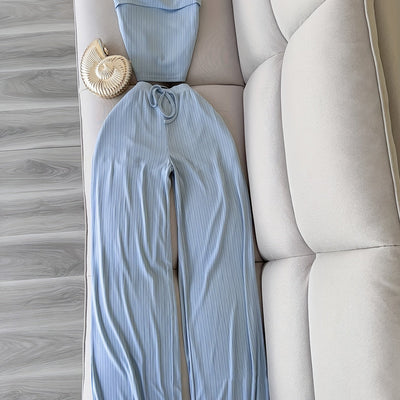 Elegant Light Blue Sleeveless Top & Wide-Leg Pants Set