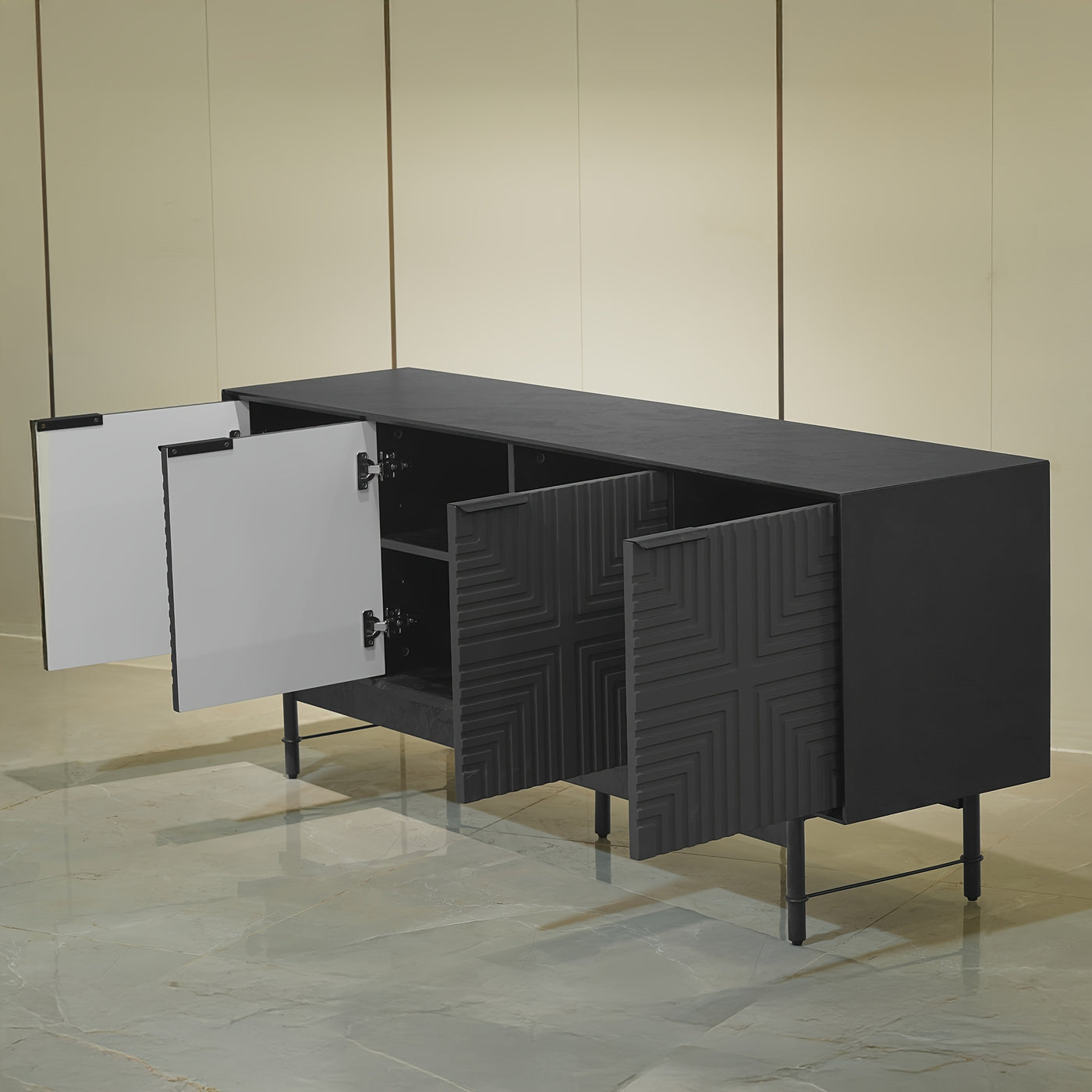66" Modern TV Stand with Storage Cabinet - Mid-Century Modern Design, Black Artificial Wood & Metal Frame, 3, 2+ Cubic Feet Storage, 27" Height, Fits 55/60/65 Inch TVs, Easy Assembly for Living Room, Tv Table for Living Room,