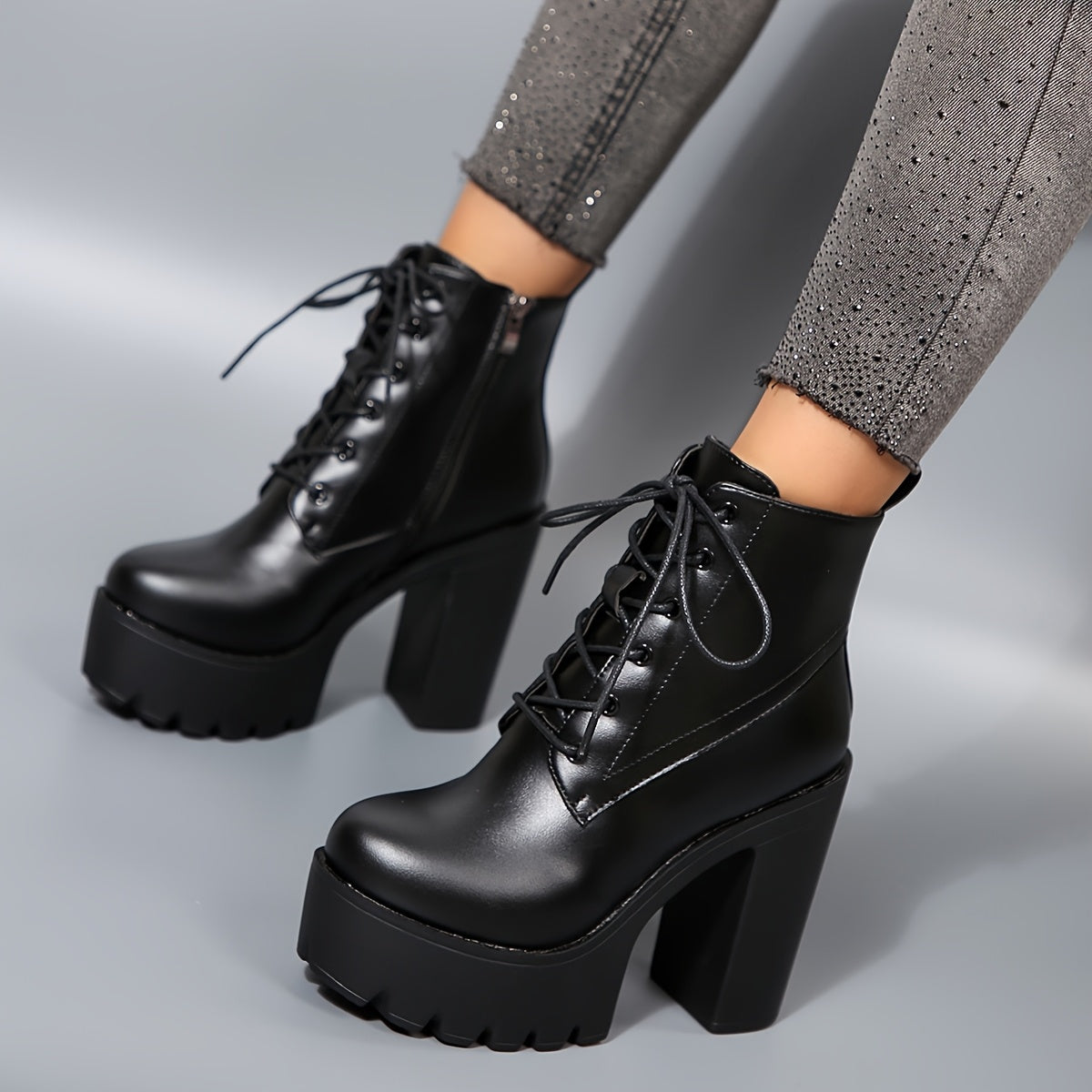 Women'S Chunky Heel Ankle Boots - Black PU Cover with Lace-Up Front & Side Zipper, Round Toe, Thick Sole for Stability, Versatile for Casual & Formal Outfits, High Heel Boots, Stability Footwear, Durable Tpr Sole