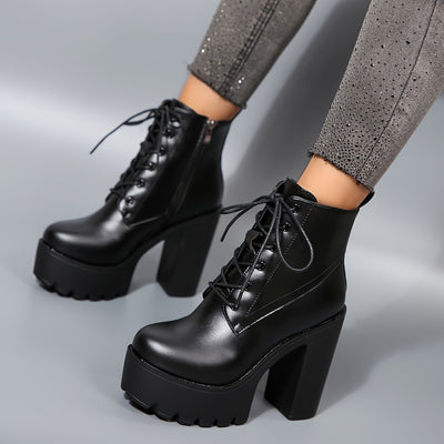 Women'S Chunky Heel Ankle Boots - Black PU Cover with Lace-Up Front & Side Zipper, Round Toe, Thick Sole for Stability, Versatile for Casual & Formal Outfits, High Heel Boots, Stability Footwear, Durable Tpr Sole