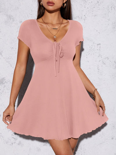 Elegant Women'S Summer Knit Dress - Slim Fit, V-Neck, Short Sleeve with Front Knot Detail, Black, Perfect for Casual or Stylish Outfits