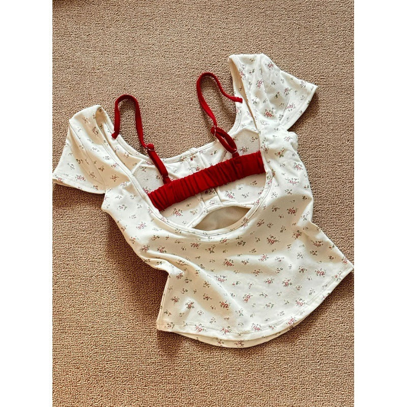 Pure Desire Floral Square Collar Shoulder Short-sleeved T-shirt Women's Summer With Chest Pad