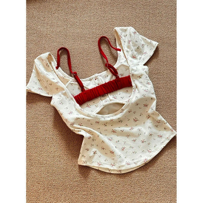 Pure Desire Floral Square Collar Shoulder Short-sleeved T-shirt Women's Summer With Chest Pad