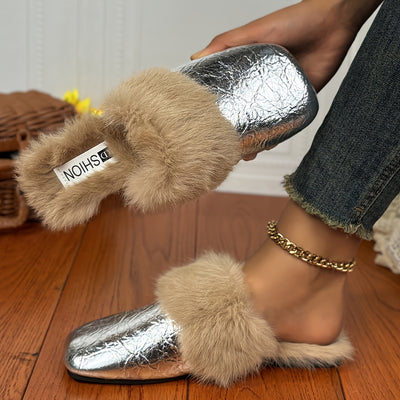 Versatile Korean Style Furry Square Head Flat Slippers - Women's Shoes for Outdoor and Indoor Wear xyns-2866