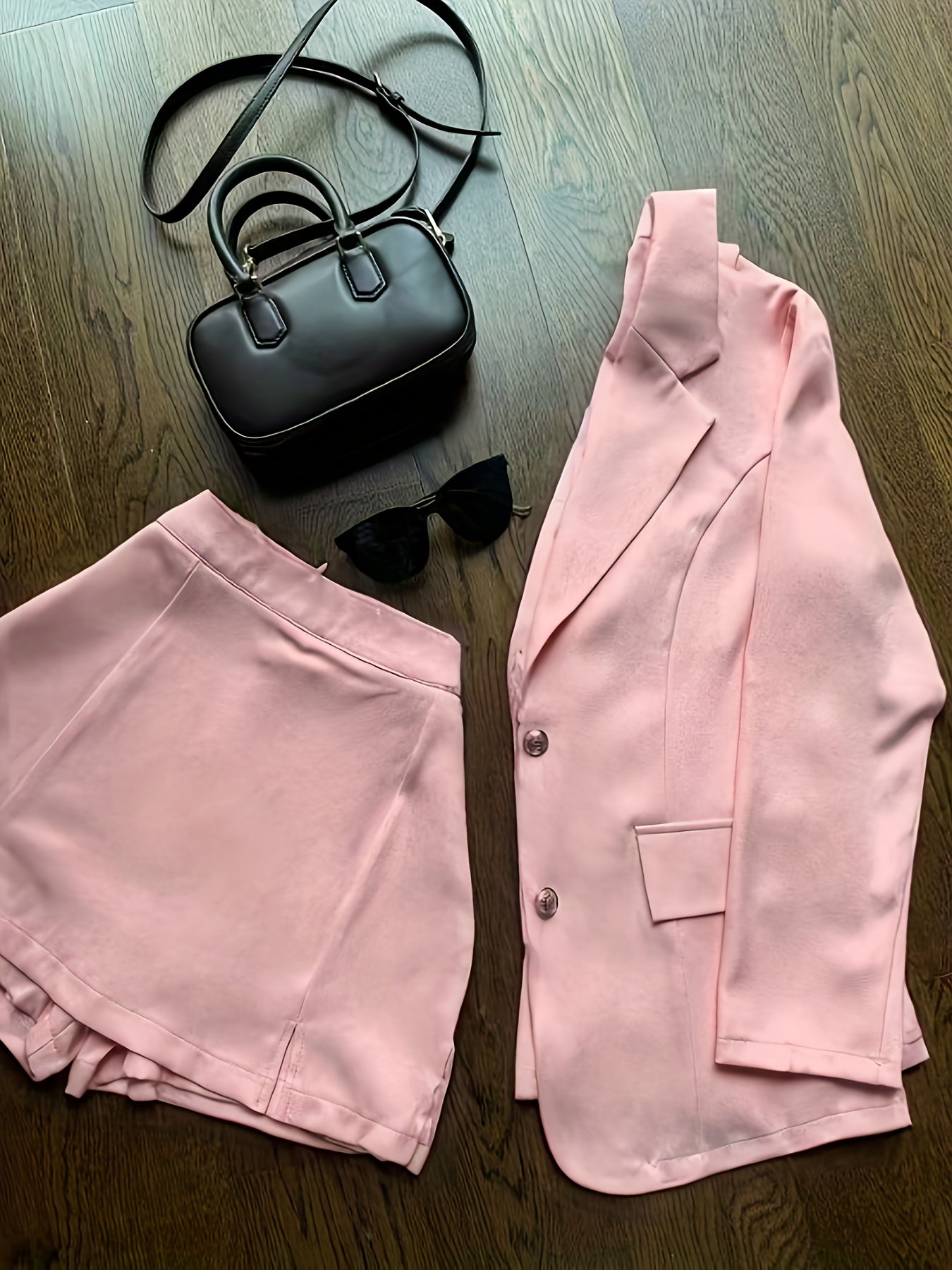 Chic V-Neck Crop Top, Versatile Pants Skirt & Long Sleeve Blazer Three-Piece Set - Polyester Blend, Solid Color, Pockets, Perfect for Spring/Summer, Chic Outfit