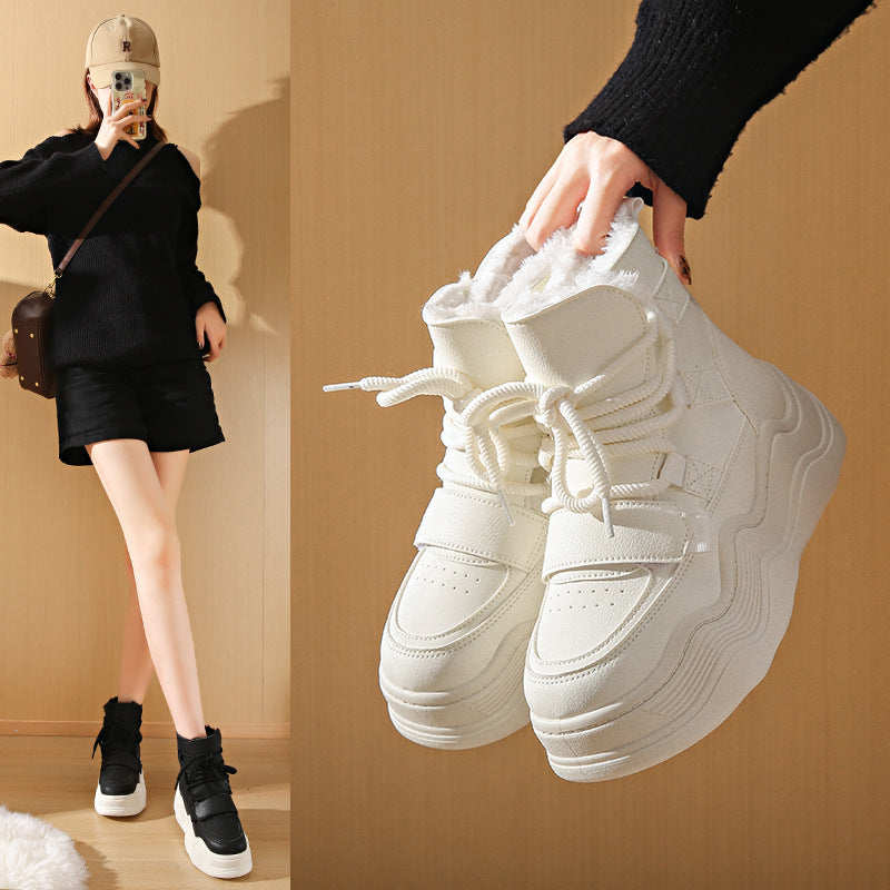 2024 Winter Fleece-Lined White Sneakers - Korean Style Insulated Women'S High-Top Lace-Up Shoes, Thick-Soled Casual & Sports Shoes with PU Upper, Rubber Sole, and Breathable Fabric Lining for Cold Weather Comfort, Casual Foot