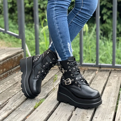 Women'S Chunky Heel Ankle Boots - Black Faux Cover Lace-Up with Metallic Buckle Straps, Round Toe & Thick Sole for Casual & Formal Outfits, High Heel Boots, Formal Footwear, Durable Footwear
