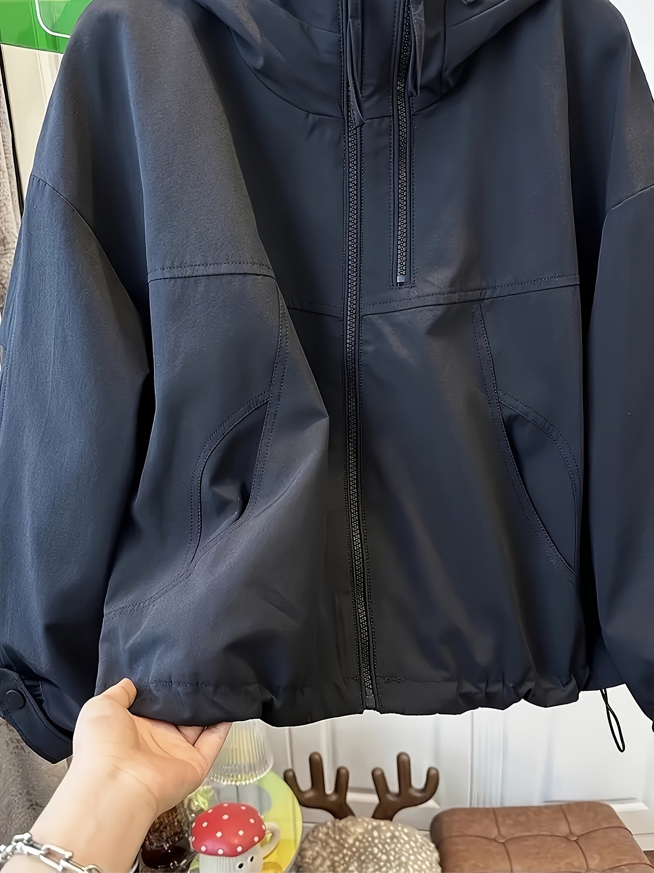 Women'S Casual Hooded Jacket with Double Zipper Front, Loose Fit, Long Sleeves, Solid Color, Non-Stretch Fabric, Drop Shoulder Design, Perfect for Spring/Summer/Fall, Autumn Casual Wear | Relaxed Fit Jacket | Nonstretch Fabri