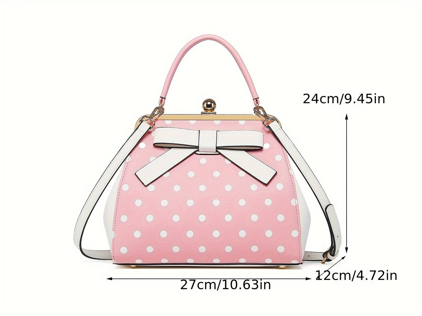 [Elegant Handbag] High Quality Lacquered Handbag | 2024 Autumn New Korean Polka Dot for Women - Kiss Lock Closure, Removable Shoulder Strap & Bow Detail, Glossy Patent Look (Black/White, Bronze, Pink & White) - Perfect for We