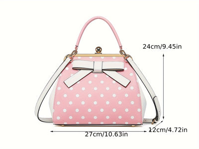 [Elegant Handbag] High Quality Lacquered Handbag | 2024 Autumn New Korean Polka Dot for Women - Kiss Lock Closure, Removable Shoulder Strap & Bow Detail, Glossy Patent Look (Black/White, Bronze, Pink & White) - Perfect for We