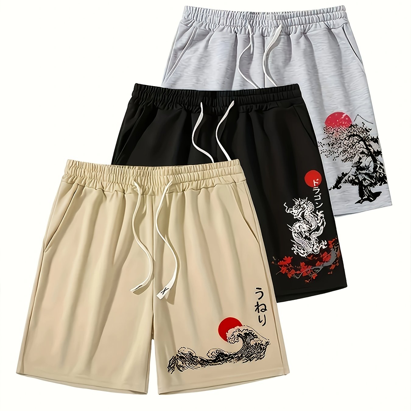 3pcs Sun Pattern Print Men's Fashion Drawstring Shorts Set, Casual Style Elastic Waist Summer Beach Shorts Fitness Sports Shorts, Japanese Style Shorts