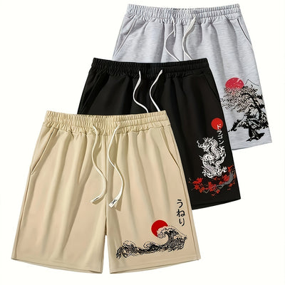 3pcs Sun Pattern Print Men's Fashion Drawstring Shorts Set, Casual Style Elastic Waist Summer Beach Shorts Fitness Sports Shorts, Japanese Style Shorts