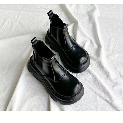 Women's Slip-On Chunky Platform Ankle Boots - Round Toe Winter Casual Shoes with Faux Cover & Fabric Upper, Thick Rubber Sole for Warmth & Traction, Versatile for Everyday & Semi-Formal Outfits, Durable Traction Footwear