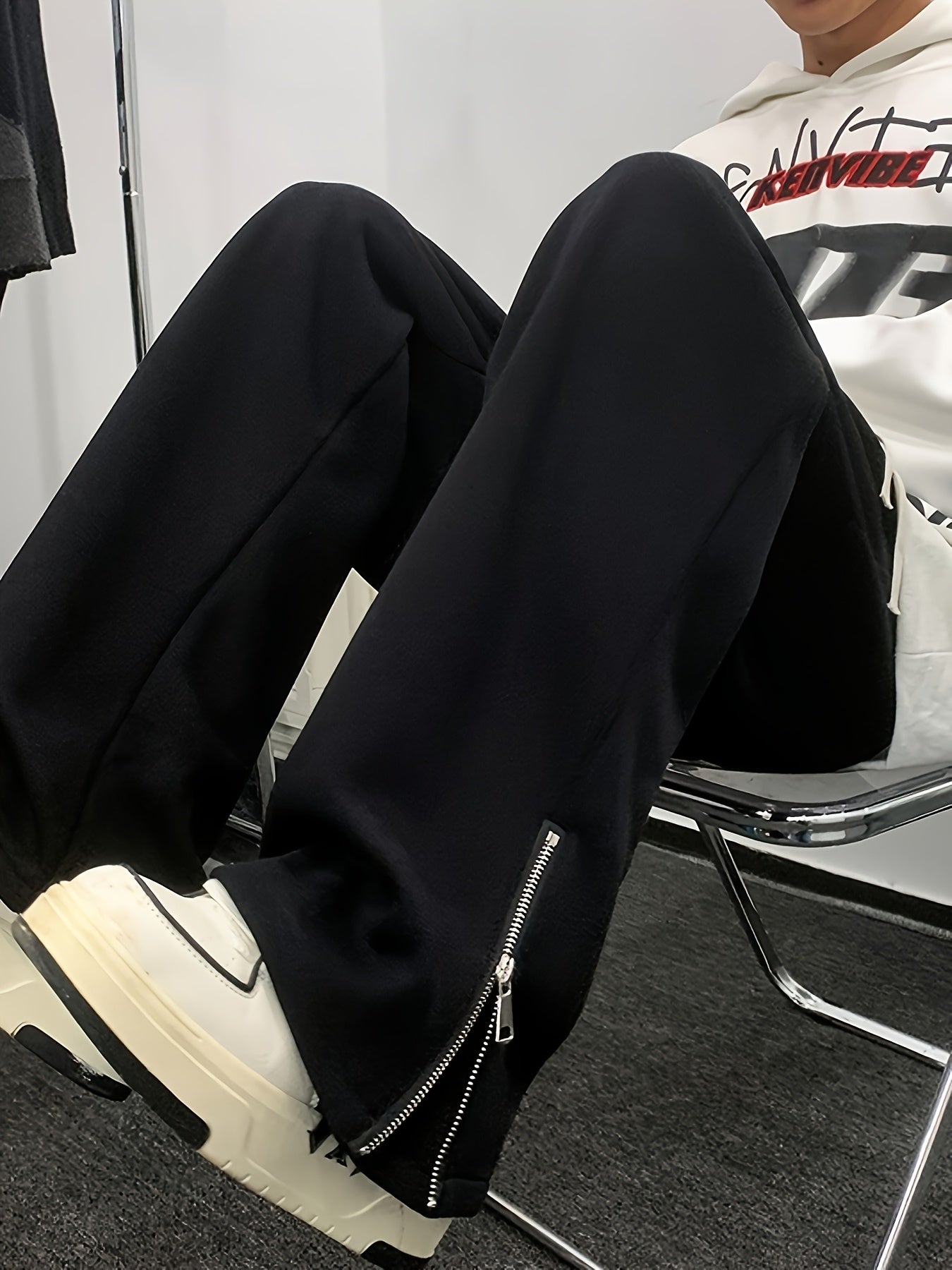 Men'S Casual Straight Leg Pants with Side Zipper, All-Season Korean Style Loose Fit, Slimming Polyester 100% Woven Fabric, 160gsm Lightweight, Regular Length, for Teens - Vibe American Trendy Split Ankle Trousers