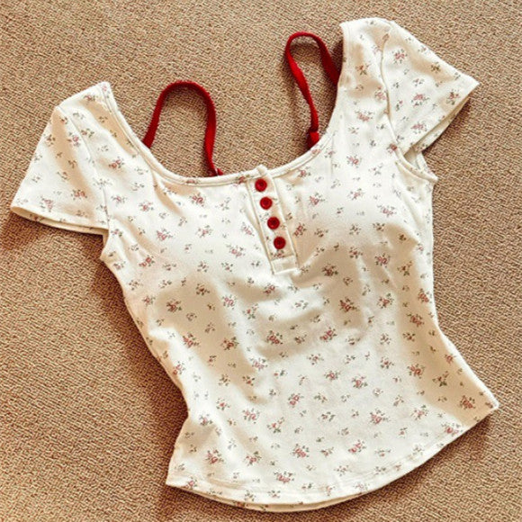 Pure Desire Floral Square Collar Shoulder Short-sleeved T-shirt Women's Summer With Chest Pad