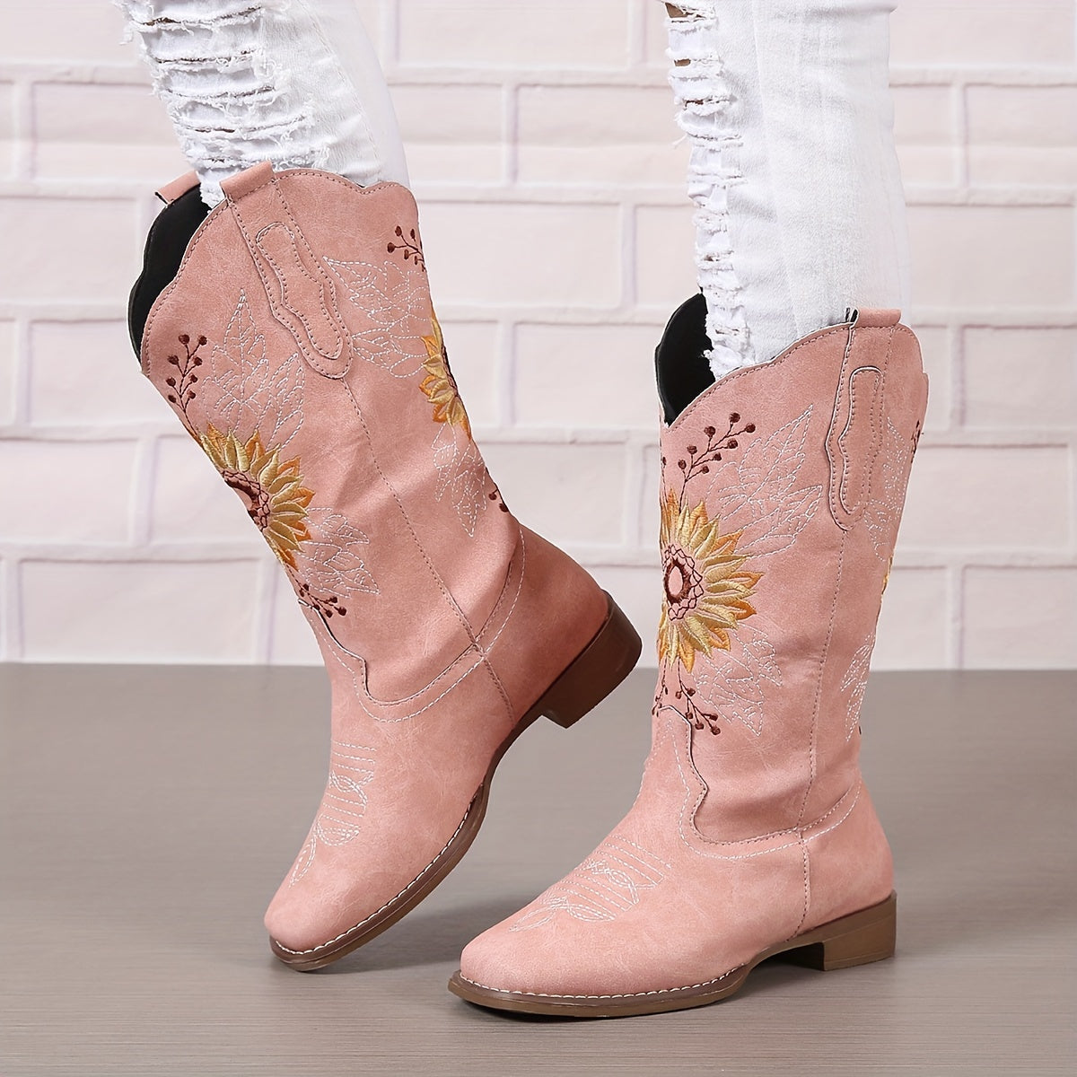 [Mid Calf Embroidered Western Boots] Women's Embroidered Mid Calf Western Boots, Faux Leather Fashion Boots, Women's Footwear