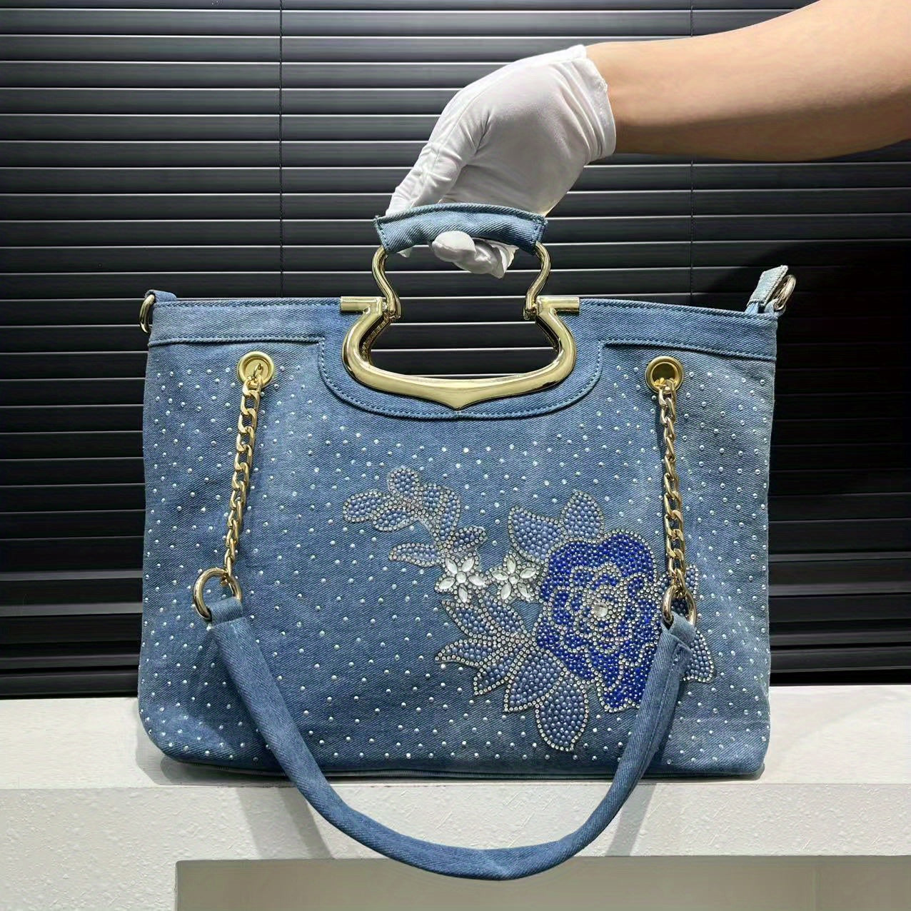 Ladies' Fashionable Inlaid Elegant Handbag, Floral Pattern Street Style Y2K Spicy Printed Shoulder Bag, Suitable for Work, Commuting, Dating, Parties, Gradient Diamond Decoration Shoulder Bag