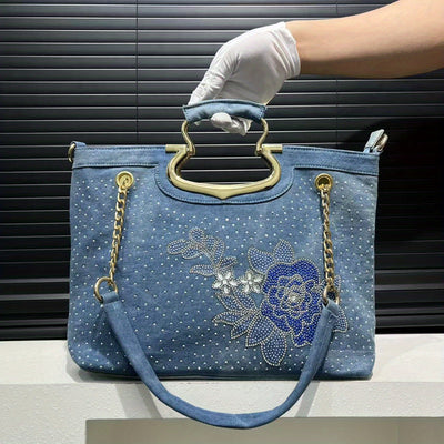 Ladies' Fashionable Inlaid Elegant Handbag, Floral Pattern Street Style Y2K Spicy Printed Shoulder Bag, Suitable for Work, Commuting, Dating, Parties, Gradient Diamond Decoration Shoulder Bag
