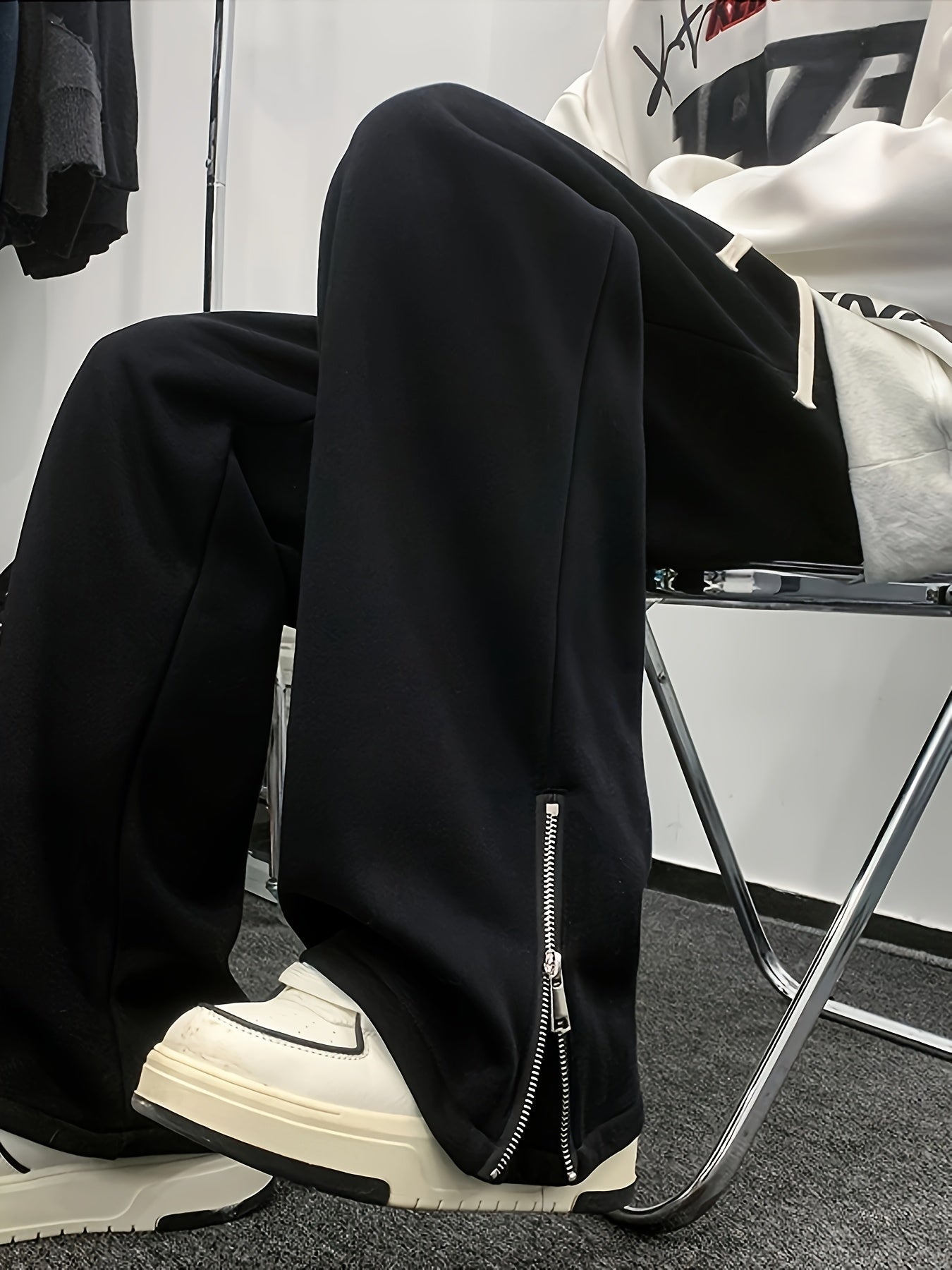 Men'S Casual Straight Leg Pants with Side Zipper, All-Season Korean Style Loose Fit, Slimming Polyester 100% Woven Fabric, 160gsm Lightweight, Regular Length, for Teens - Vibe American Trendy Split Ankle Trousers