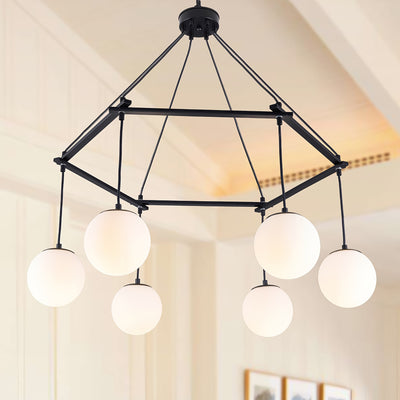 6-Light Modern Chandelier For Dining Room, Sputnik Ceiling Light Fixture With White Glass Globe Bubble, Adjustable Mid Century Chandelier Foyer Chandeliers For High Ceilings