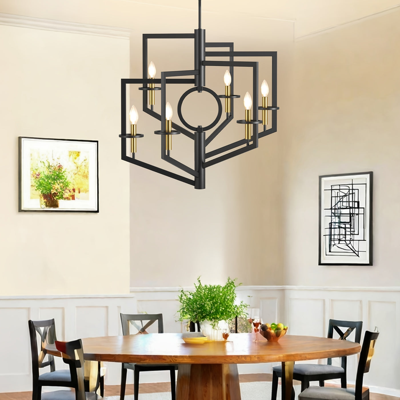 6-Light Black Chandelier for High Ceilings - Modern Adjustable Geometric Metal Fixture with Powder-Coated Finish, Semi-Flush Mount Entryway & Dining Room Lighting, E12 Bulb Compatible, No Assembly Required, Staircase Illumina
