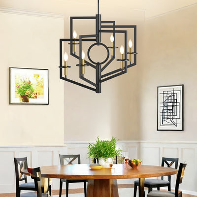 6-Light Black Chandelier for High Ceilings - Modern Adjustable Geometric Metal Fixture with Powder-Coated Finish, Semi-Flush Mount Entryway & Dining Room Lighting, E12 Bulb Compatible, No Assembly Required, Staircase Illumina