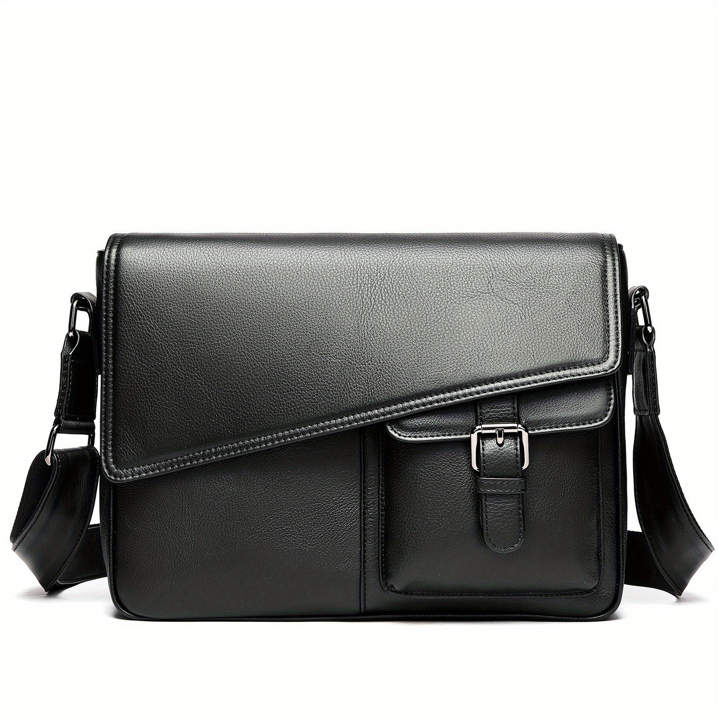 Genuine Leather Unisex Crossbody Messenger Bag - Sleek Minimalist Design with Adjustable Strap, Multiple Compartments & Metal Hardware, Black for Men & Women, Casual & Professional Use, Versatile Travel Purse | Korean Fashion