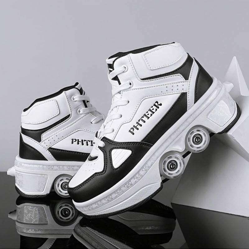 Unisex Roller Skates for Adults & Teens - 4-Wheel Retractable Design, White & Black Checkered Pattern, Synthetic Synthetic Faux Upper, TPR Sole, Lace-Up Closure, All-Season Outdoor Sports & Casual Wear, Roller Skates for Adul