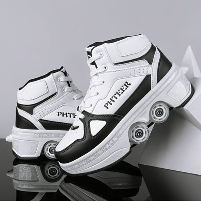 Unisex Roller Skates for Adults & Teens - 4-Wheel Retractable Design, White & Black Checkered Pattern, Synthetic Synthetic Faux Upper, TPR Sole, Lace-Up Closure, All-Season Outdoor Sports & Casual Wear, Roller Skates for Adul