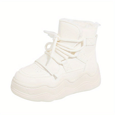 2024 Winter Fleece-Lined White Sneakers - Korean Style Insulated Women'S High-Top Lace-Up Shoes, Thick-Soled Casual & Sports Shoes with PU Upper, Rubber Sole, and Breathable Fabric Lining for Cold Weather Comfort, Casual Foot