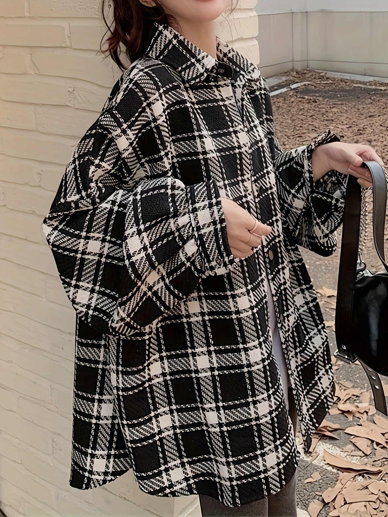 Women's Plus Size Plaid Shirt, Polyester Blend, Button-Down, Non-Stretch, Seasonal, Casual Top, Oversized, Korean Style, Checkered Pattern, Woven Fabric