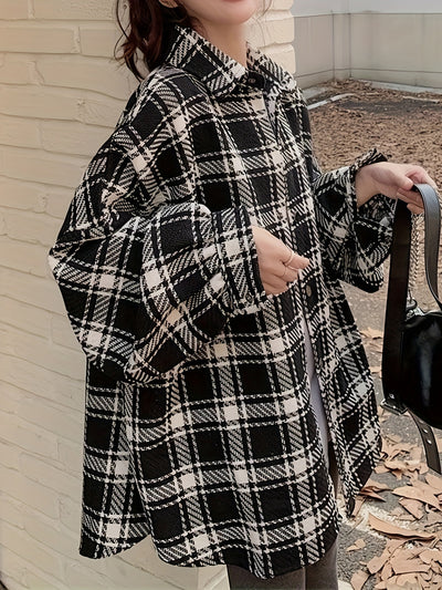 Women's Plus Size Plaid Shirt, Polyester Blend, Button-Down, Non-Stretch, Seasonal, Casual Top, Oversized, Korean Style, Checkered Pattern, Woven Fabric