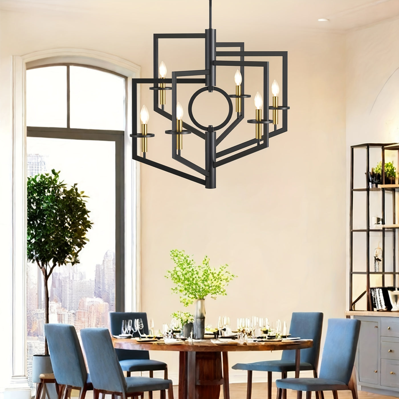 6-Light Black Chandelier for High Ceilings - Modern Adjustable Geometric Metal Fixture with Powder-Coated Finish, Semi-Flush Mount Entryway & Dining Room Lighting, E12 Bulb Compatible, No Assembly Required, Staircase Illumina