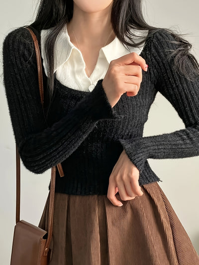 Korean Chic Autumn And Winter Design Unique Faux Two-Piece Large Collar Knitted Sweater for Women