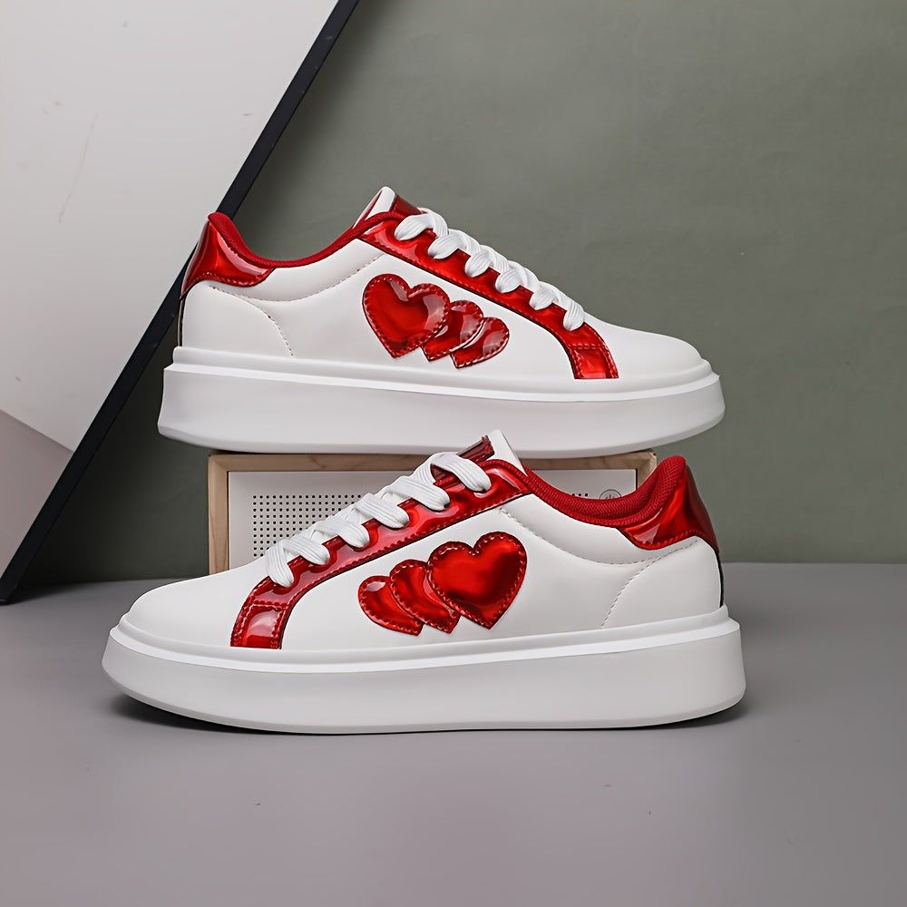 Casual Flat White Shoes, Versatile Korean Style for All Seasons, Harajuku Student Heart-Shaped Lace-Up Sneakers, Fashionable Lightweight Women'S Shoes, New Thick-Soled Platform Shoes.