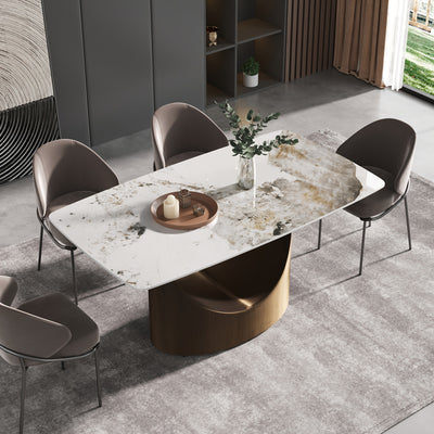 Modern Rectangle Marble Dining Table(Dining Table Only, Chairs Not Included), Marble Sintered Stone Top Dining Table, Rectangle Dining Room Table With Unique U-Shape Carbon Steel Pedestal For Kitchen/Living Room