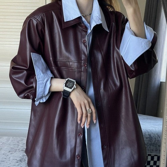 Grape Purple PU Leather Coat Women's Retro